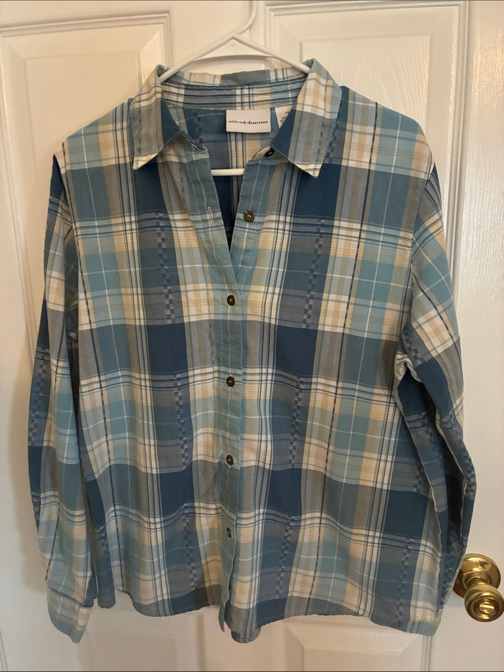 Alfred Dunner Teal and Cream Plaid Button-Down Shirt